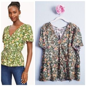 LOFT Green Floral Wrap Blouse
